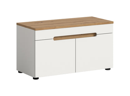 Homes & Jones Garderoben-Sitzbank mit weißem Korpus und Holzdeckplatte, braunem Griff