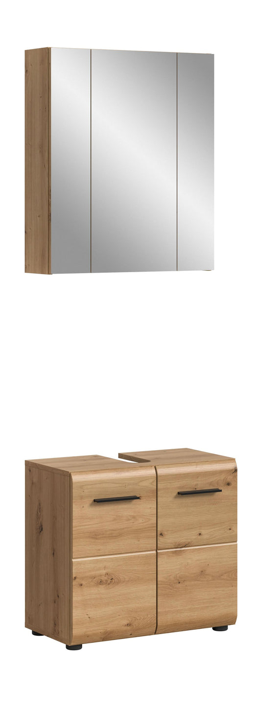 Badmöbelset mit Spiegelschrank und Unterschrank, eichefarben, zwei Schubladen