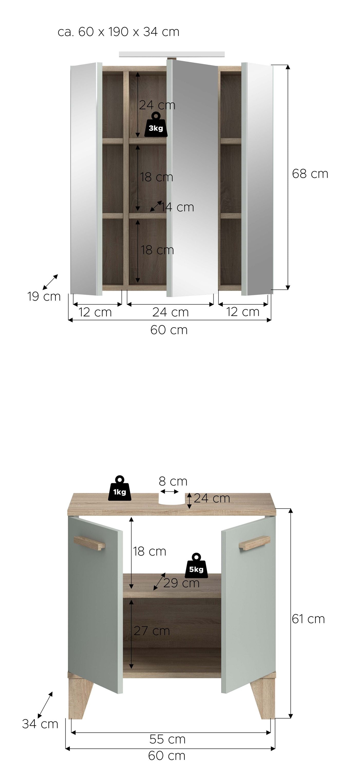 Bathroom Set incl. Lighting STAR (W/H/D: approx. 60/190/34 cm) in light green/light green