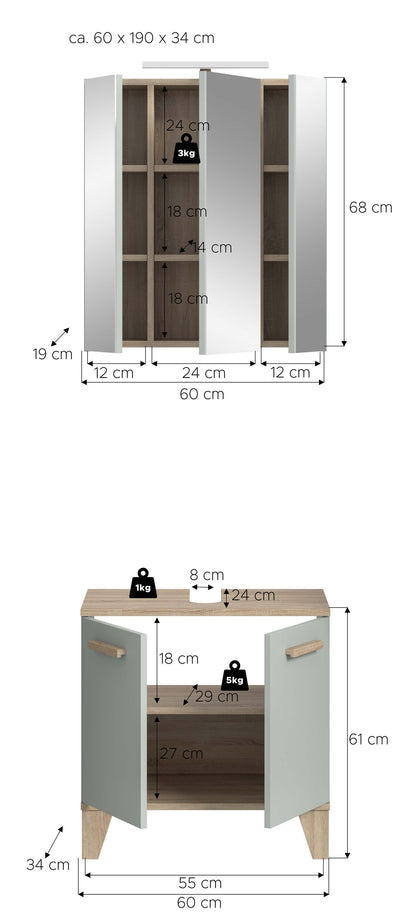 Bathroom Set incl. Lighting STAR (W/H/D: approx. 60/190/34 cm) in light green/light green