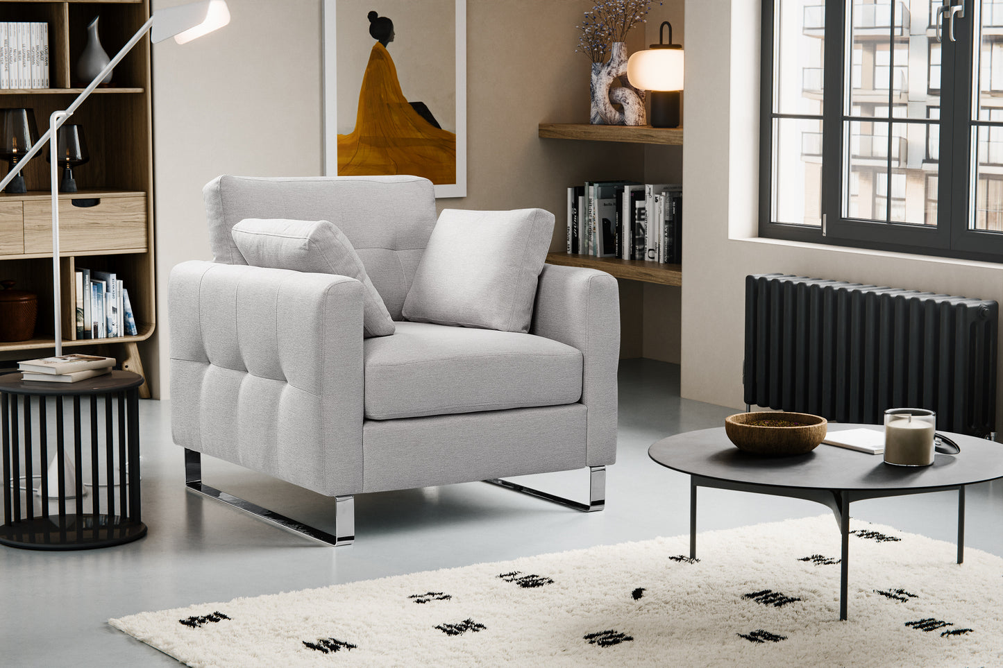Fauteuil Hera – Fauteuil rembourré moderne avec revêtement en tissu plat