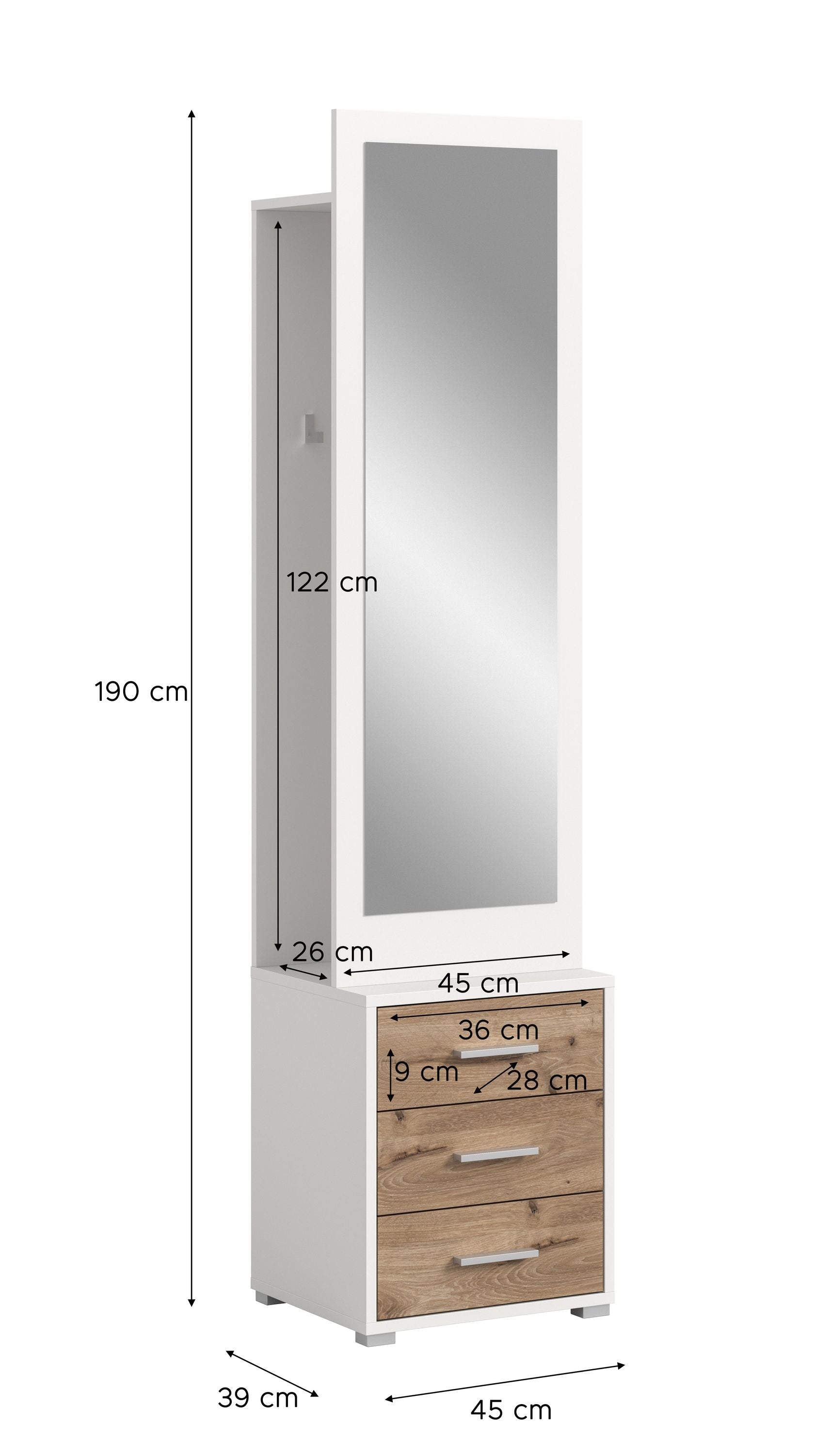 Homes & Jones Garderobe 45 cm breit, weiß: Spiegel und drei Schubladen mit Maßangaben