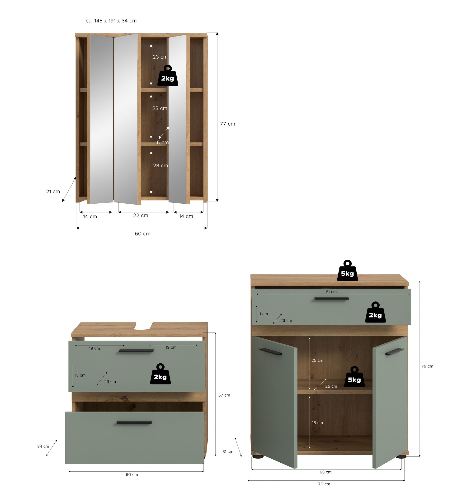 Badmöbel-Set mit Maßangaben: Spiegel und Schrank, helles Holz und graugrün