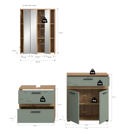 Badmöbel-Set mit Maßangaben: Spiegel und Schrank, helles Holz und graugrün