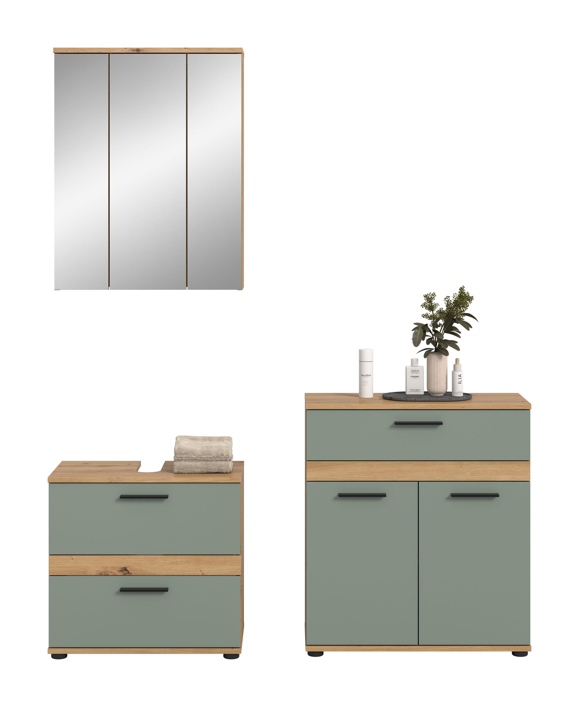 Badmöbel-Set mit zwei Unterschränken und großem Spiegel, helles Holz, graugrün