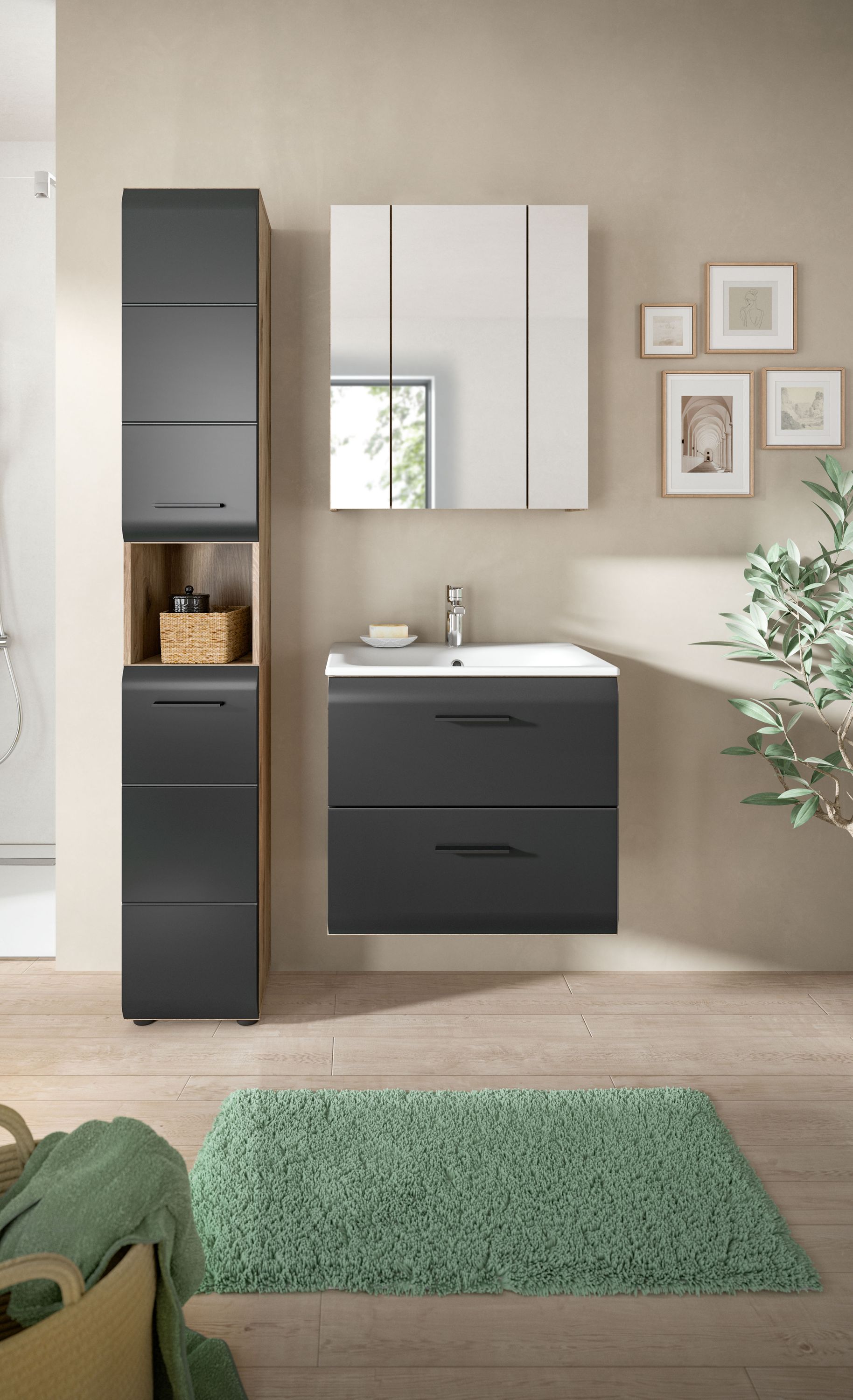 Badezimmermöbel-Set mit dunkelgrauem Waschtischunterschrank, Spiegeloberschrank und Stauschrank