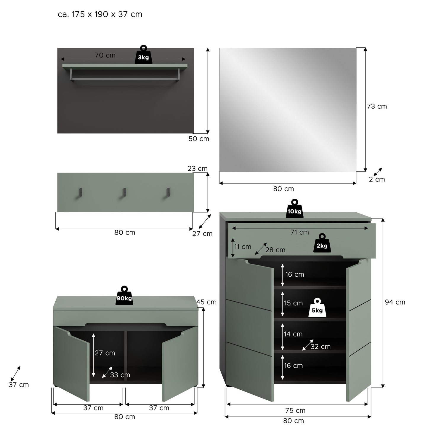 Ensemble de meuble d'entrée CANU (l/h/p : env. 175/190/37 cm) en gris basalte/vert fumée