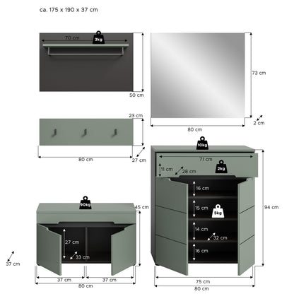 Ensemble de meuble d'entrée CANU (l/h/p : env. 175/190/37 cm) en gris basalte/vert fumée