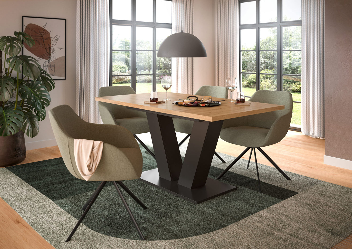 Esstisch mit heller Holzplatte und X-Gestell aus hellem Holz, rechteckige Form