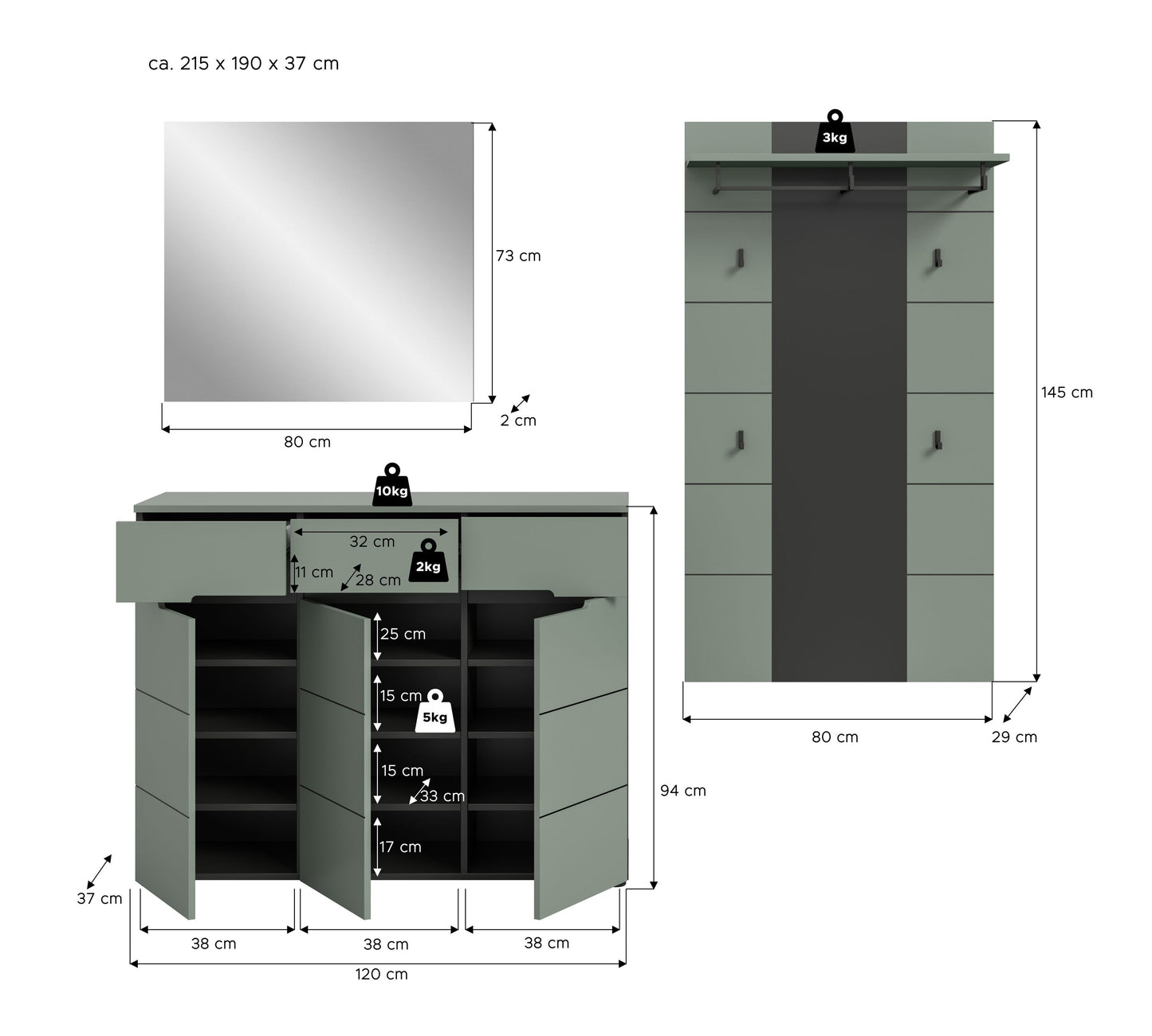 Ensemble de vestiaire CANU (L/H/P : env. 215/190/37 cm) en gris basalte/vert fumée