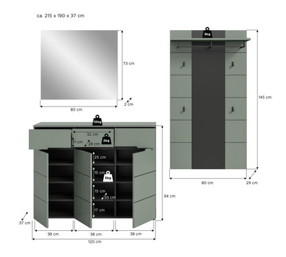 Ensemble de vestiaire CANU (L/H/P : env. 215/190/37 cm) en gris basalte/vert fumée