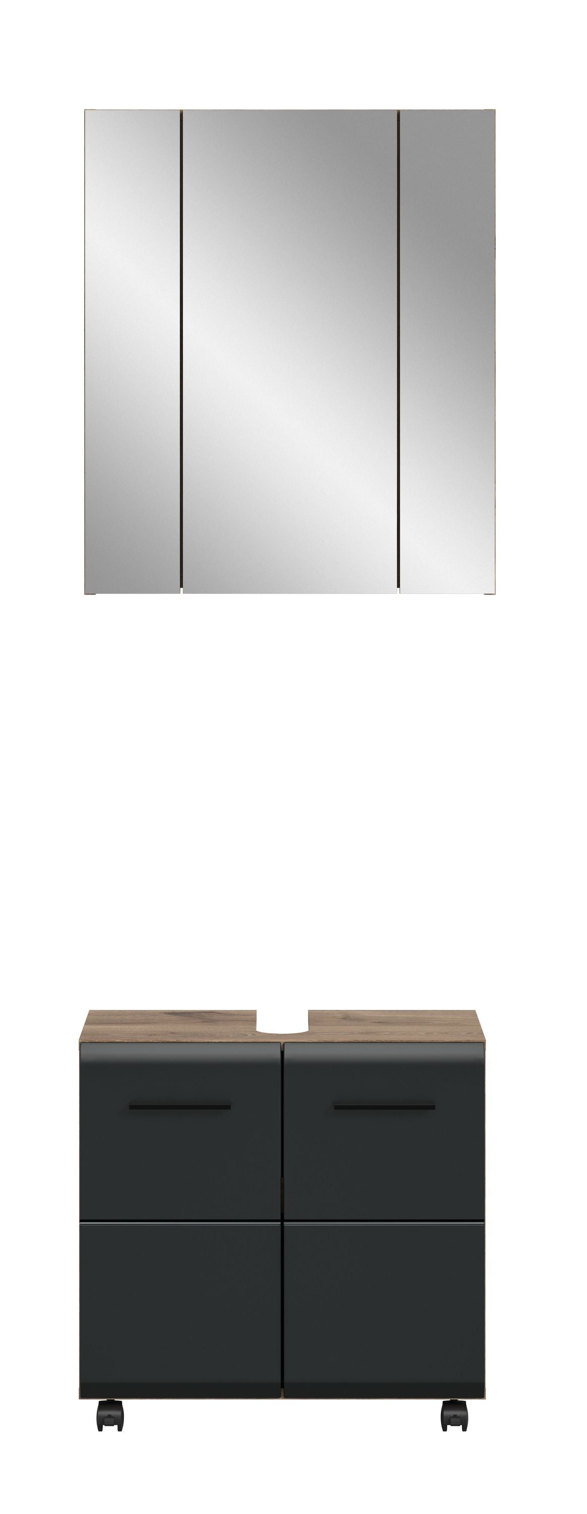 Ensemble de salle de bain sur roulettes ICE (L/H/P : env. 60/185/30 cm) imitation chêne Nox/noir mat