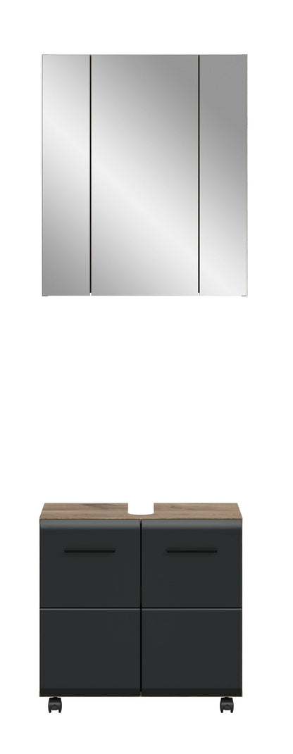 Ensemble de salle de bain sur roulettes ICE (L/H/P : env. 60/185/30 cm) imitation chêne Nox/noir mat