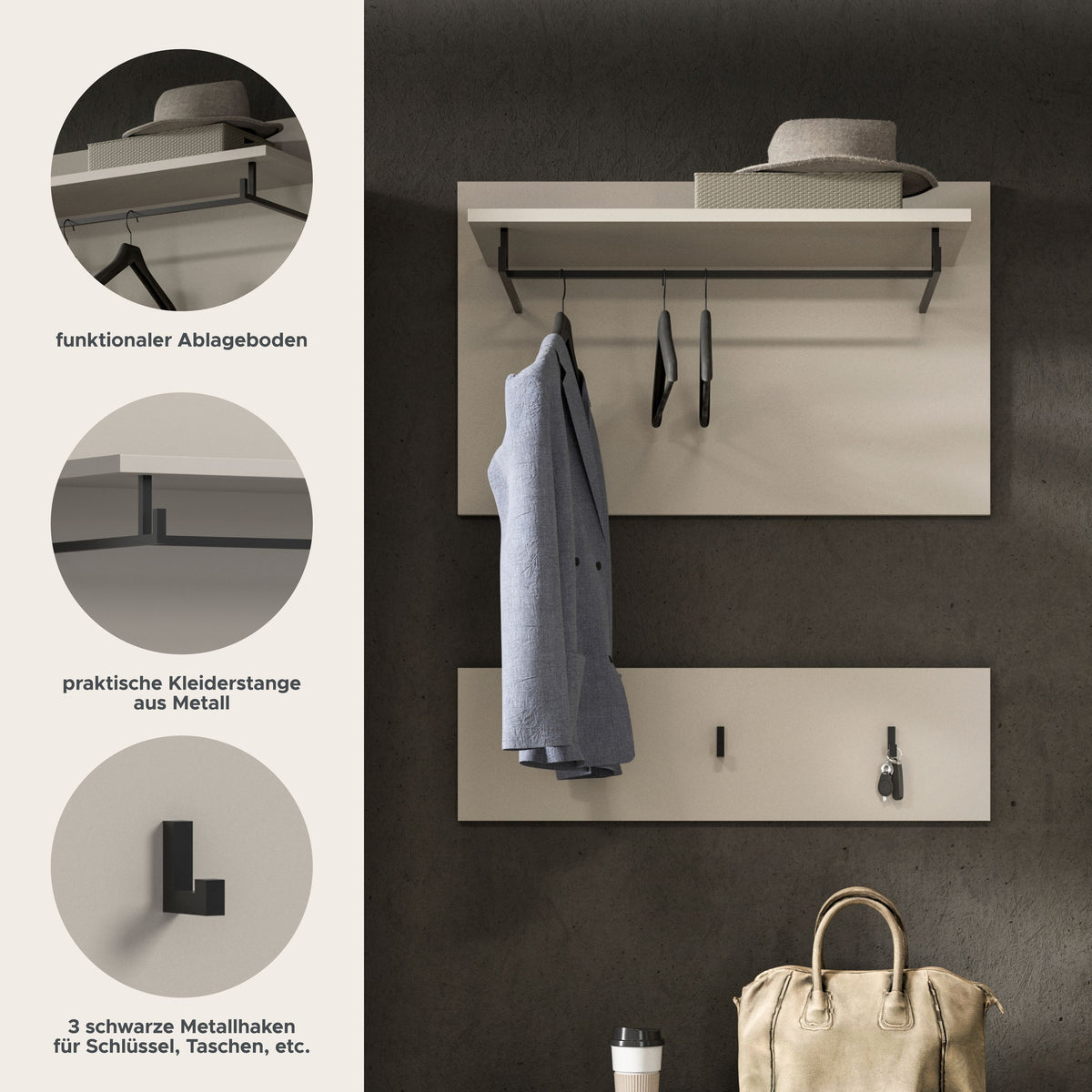 Wandgarderobe mit Hutablage und Kleiderhaken, weißes Metallgestell