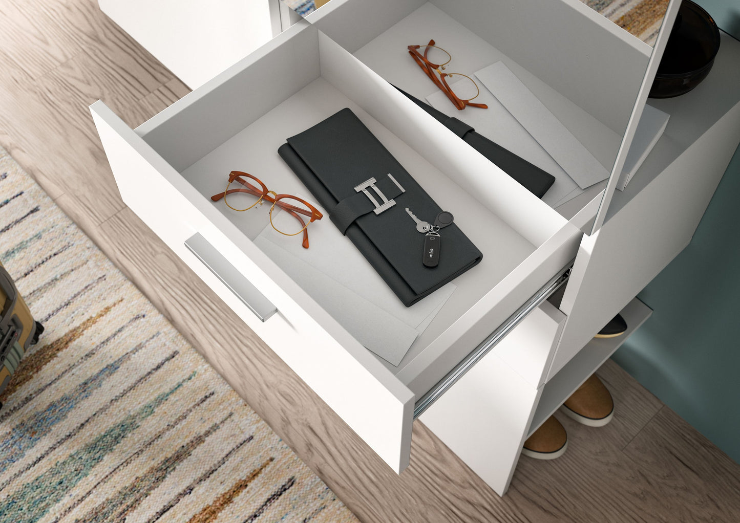 Weiße Garderobe mit offenem Schubfach und Innenfach für Accessoires