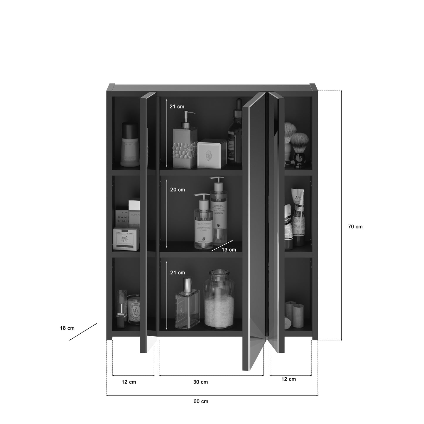 Armoire de toilette avec éclairage LINUS (L/H/P : env. 60/71/19 cm) en noir/verre miroir