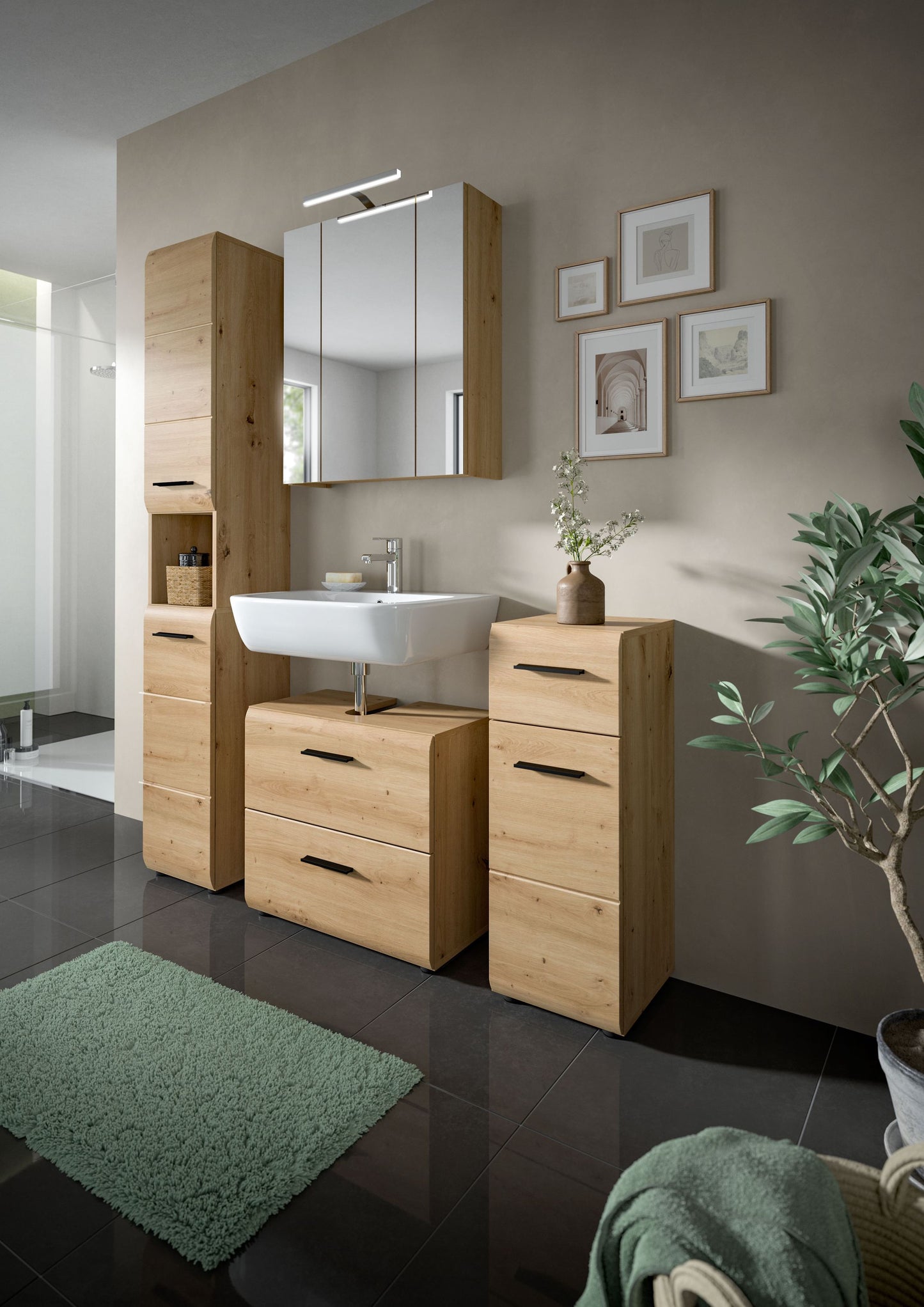 Armoire de toilette avec éclairage ICE (L/H/P : env. 60/70/18 cm) en imitation chêne Nox/noir mat