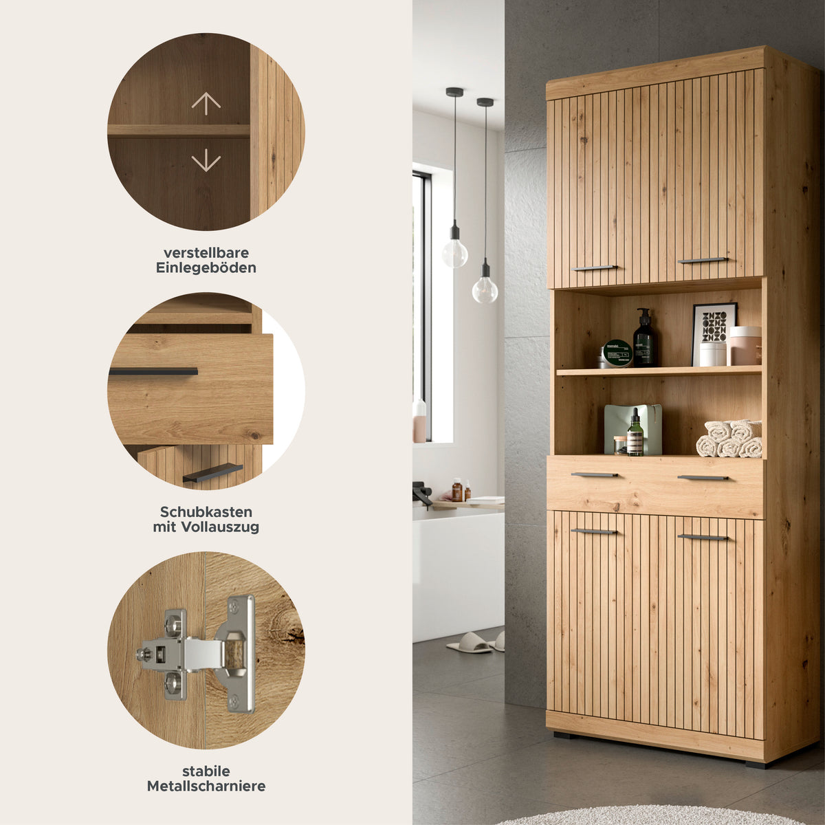 Badhochschrank in Holzoptik mit offenen Fächern, markierte Bereiche zu Einbau und Beschlägen