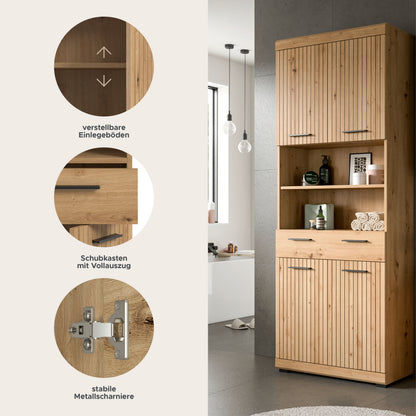Badhochschrank in Holzoptik mit offenen Fächern, markierte Bereiche zu Einbau und Beschlägen
