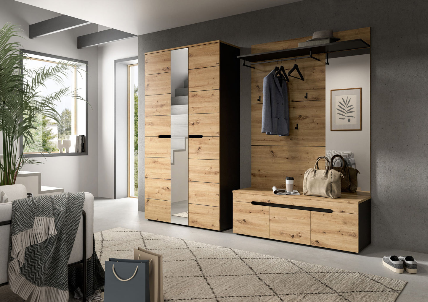 Garderobenbank in Holzoptik mit Stauraum und schwarzer Griffleiste, breite 120 cm