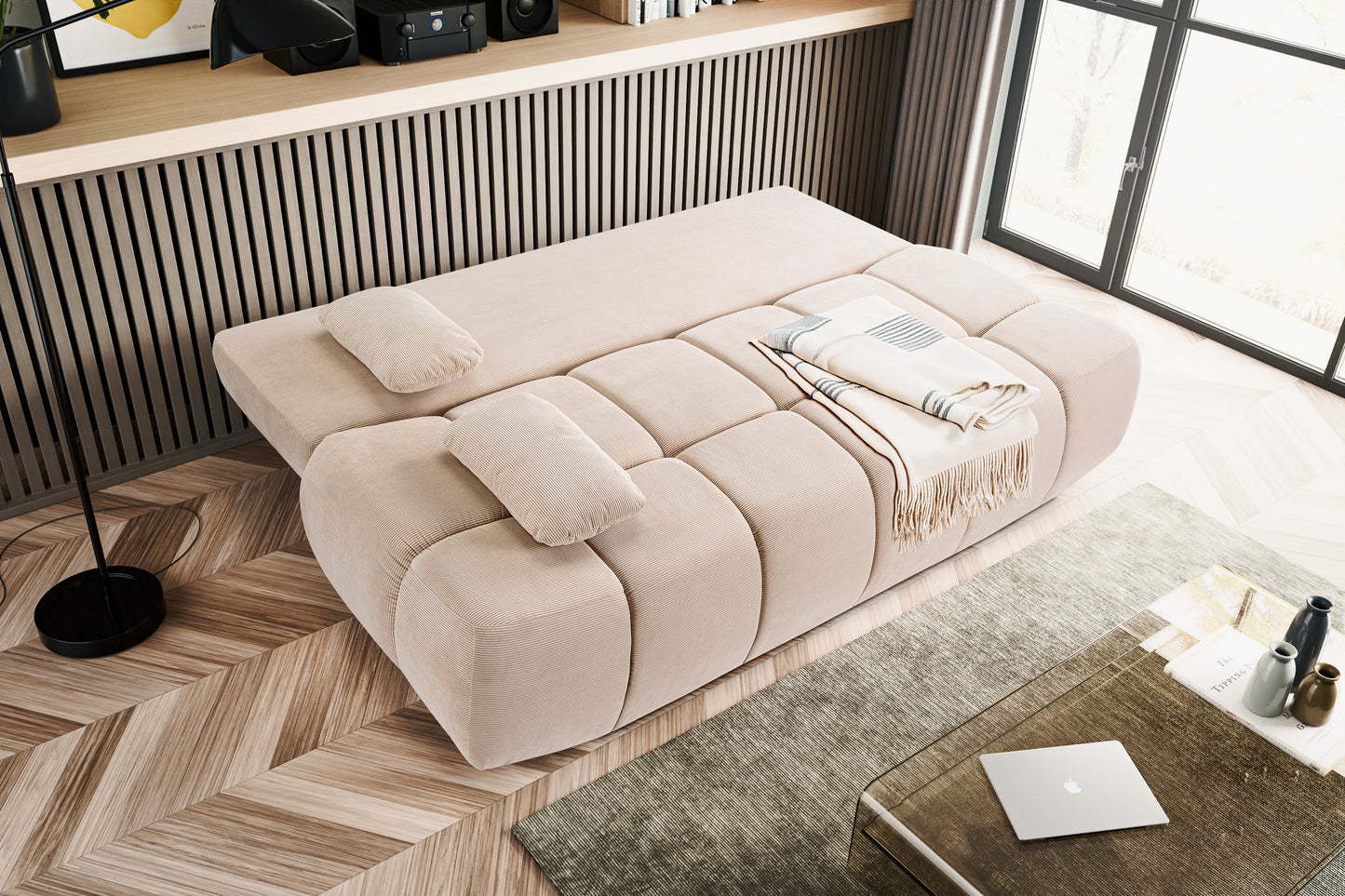 Canapé convertible Lauder – Canapé tendance en velours côtelé avec fonction couchage