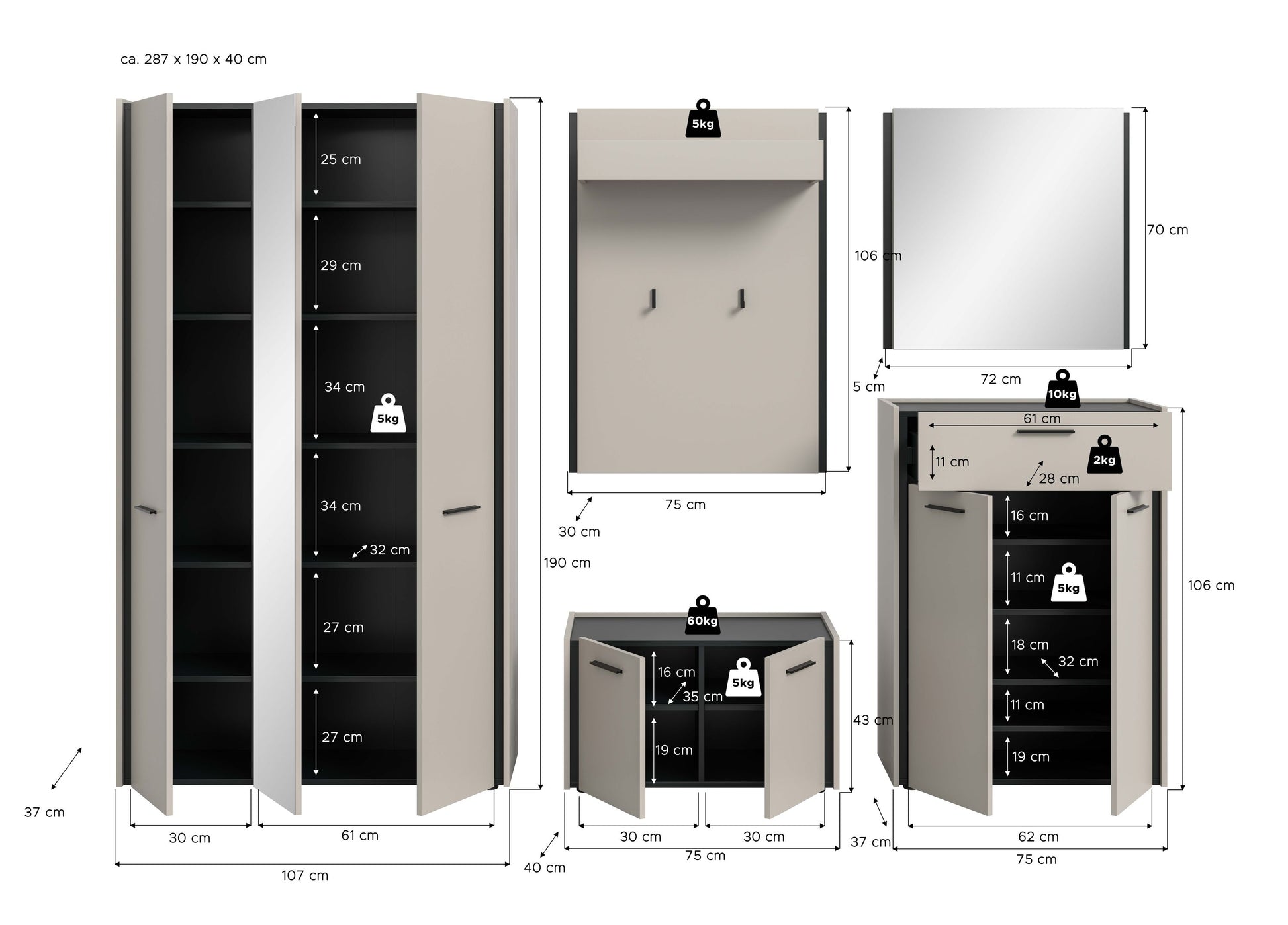 Maßgrafik des Flurmöbelsets: Schrank, Hakenpanel, Schuhbank und Spiegelkommode