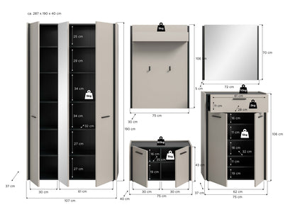 Maßgrafik des Flurmöbelsets: Schrank, Hakenpanel, Schuhbank und Spiegelkommode