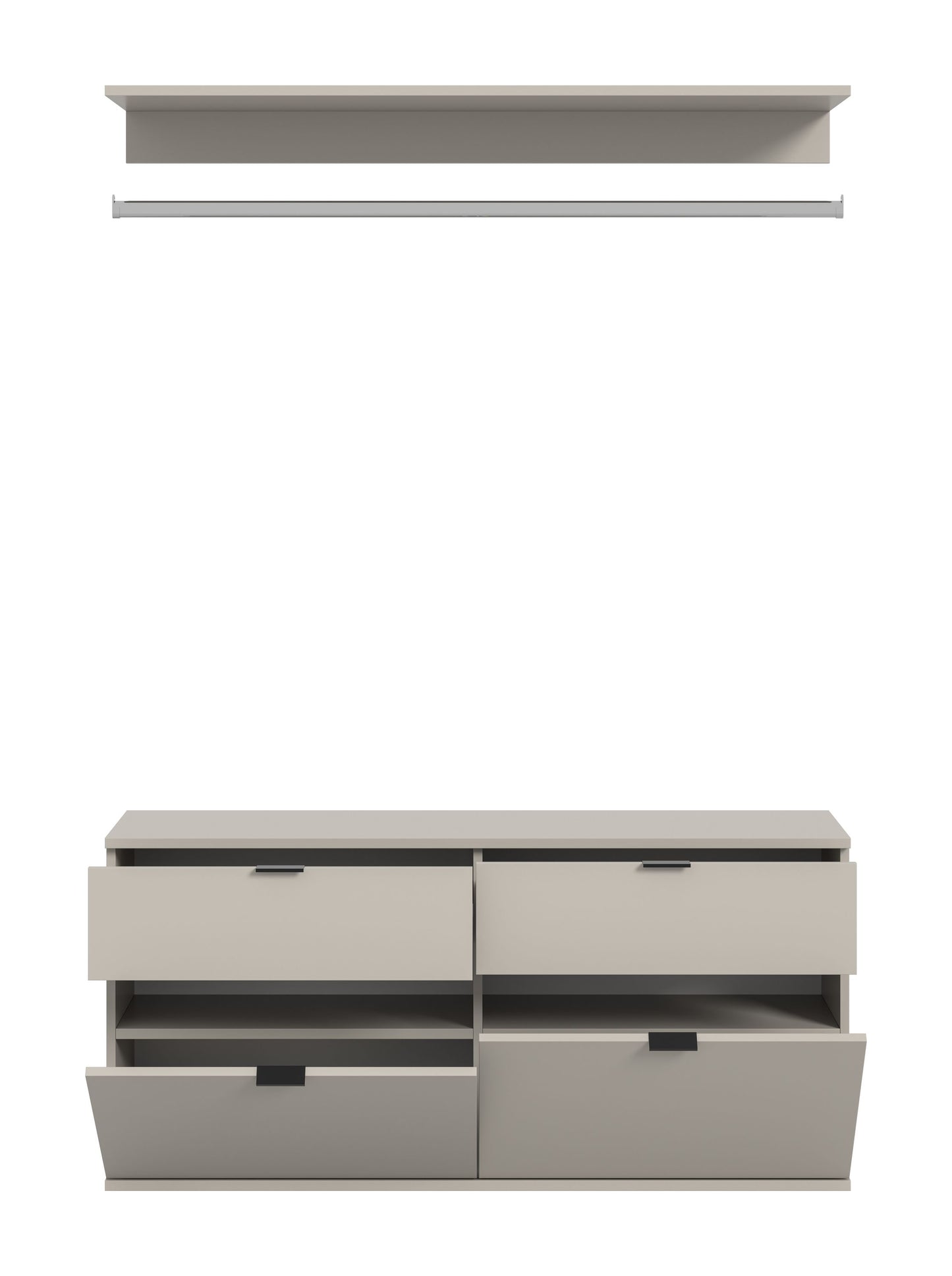 Garderobenset: Schrank mit zwei Türen und Schubladen, dunkle Hutablage oben