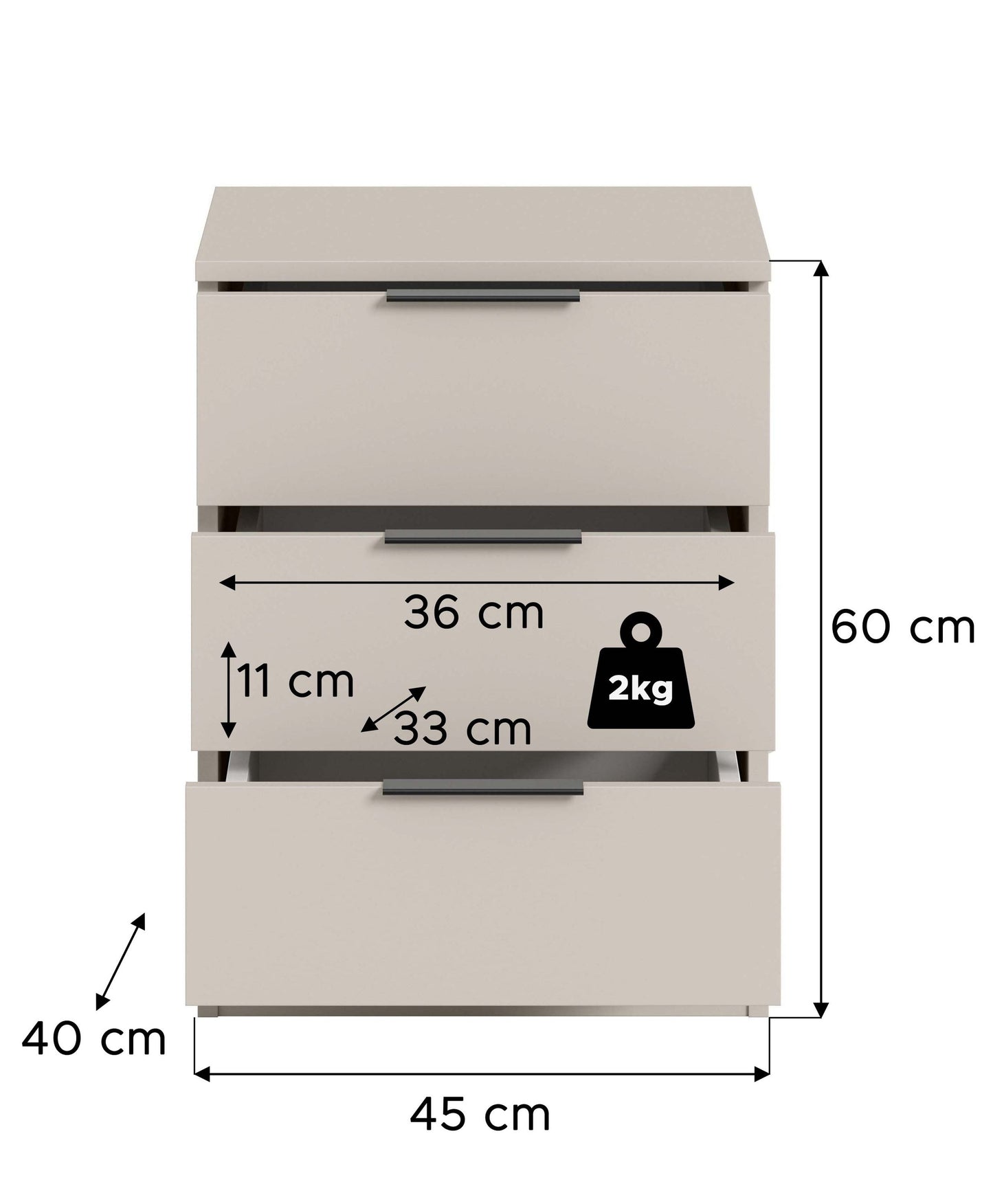 Weiße Nachtkommode mit 3 Schubladen, Maßangaben 45×60×40 cm und 2kg