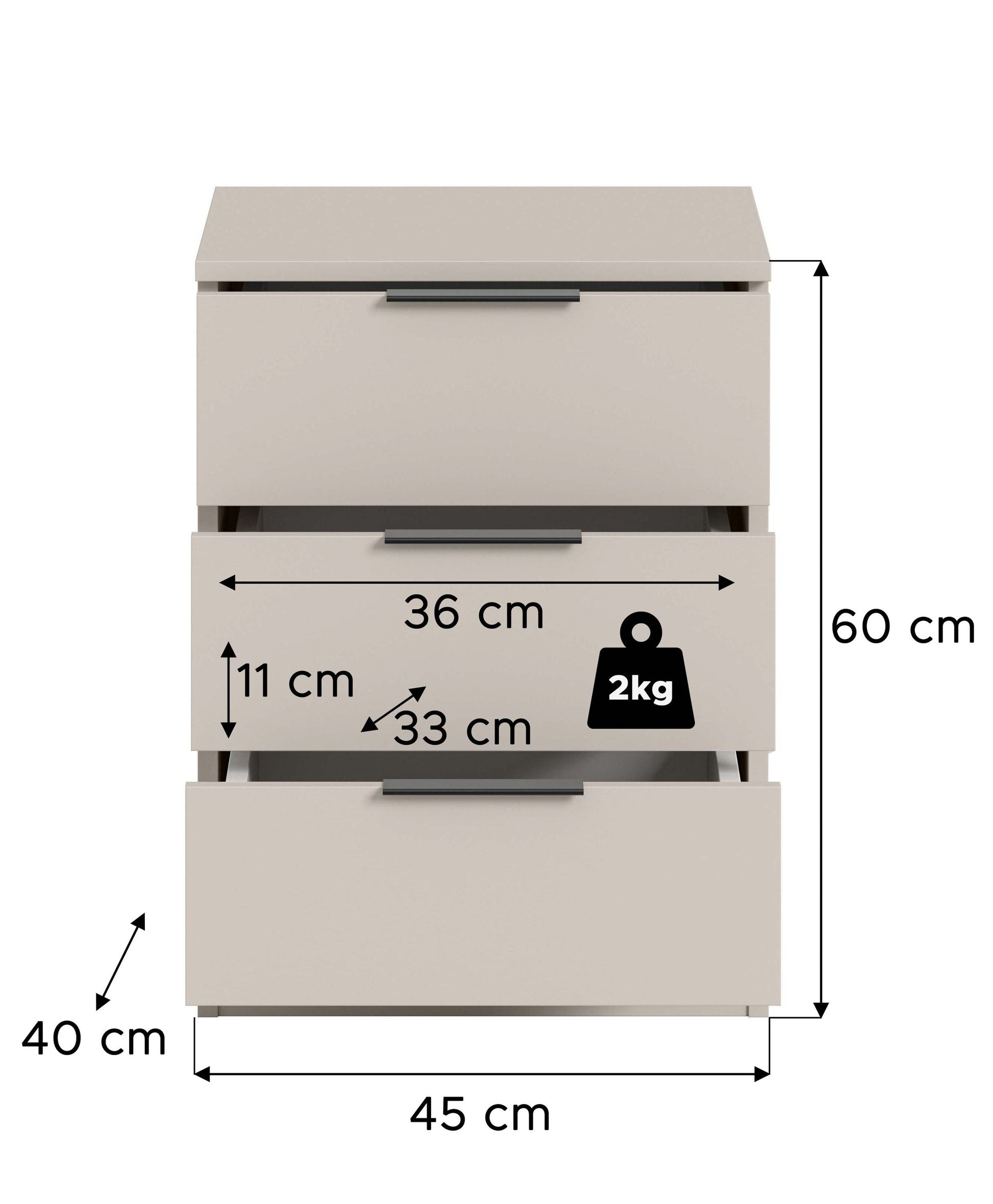 Weiße Nachtkommode mit 3 Schubladen, Maßangaben 45×60×40 cm und 2kg