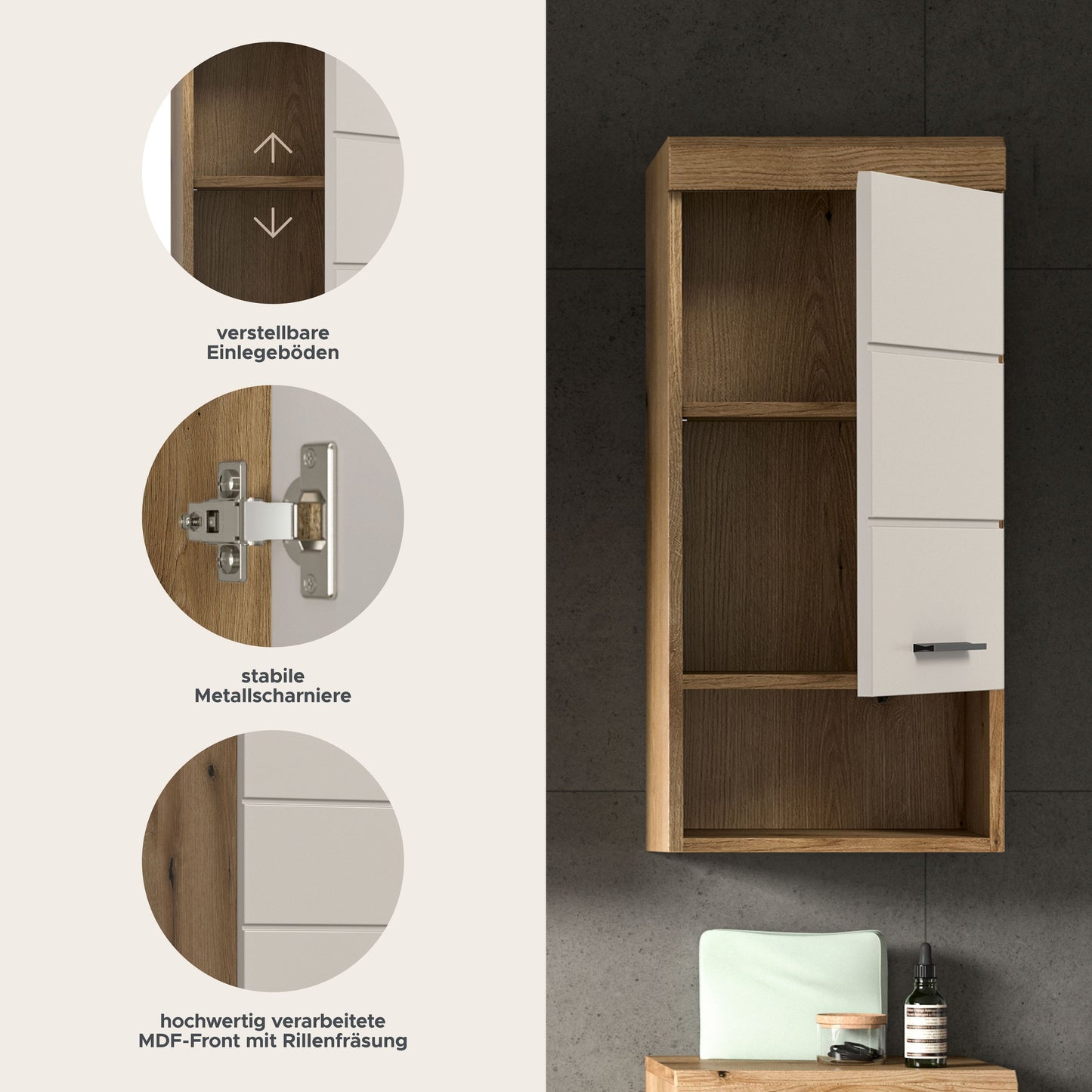 Badezimmerschrank in Holzoptik mit offenen Fächern und weißem Schubfach, Metallgriff