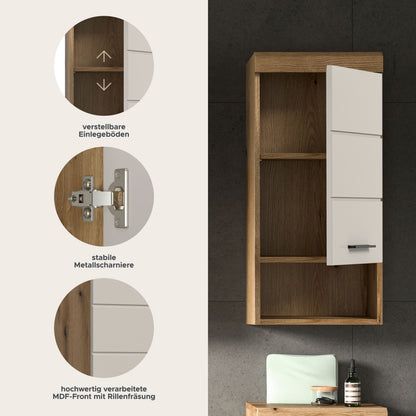 Badezimmerschrank in Holzoptik mit offenen Fächern und weißem Schubfach, Metallgriff