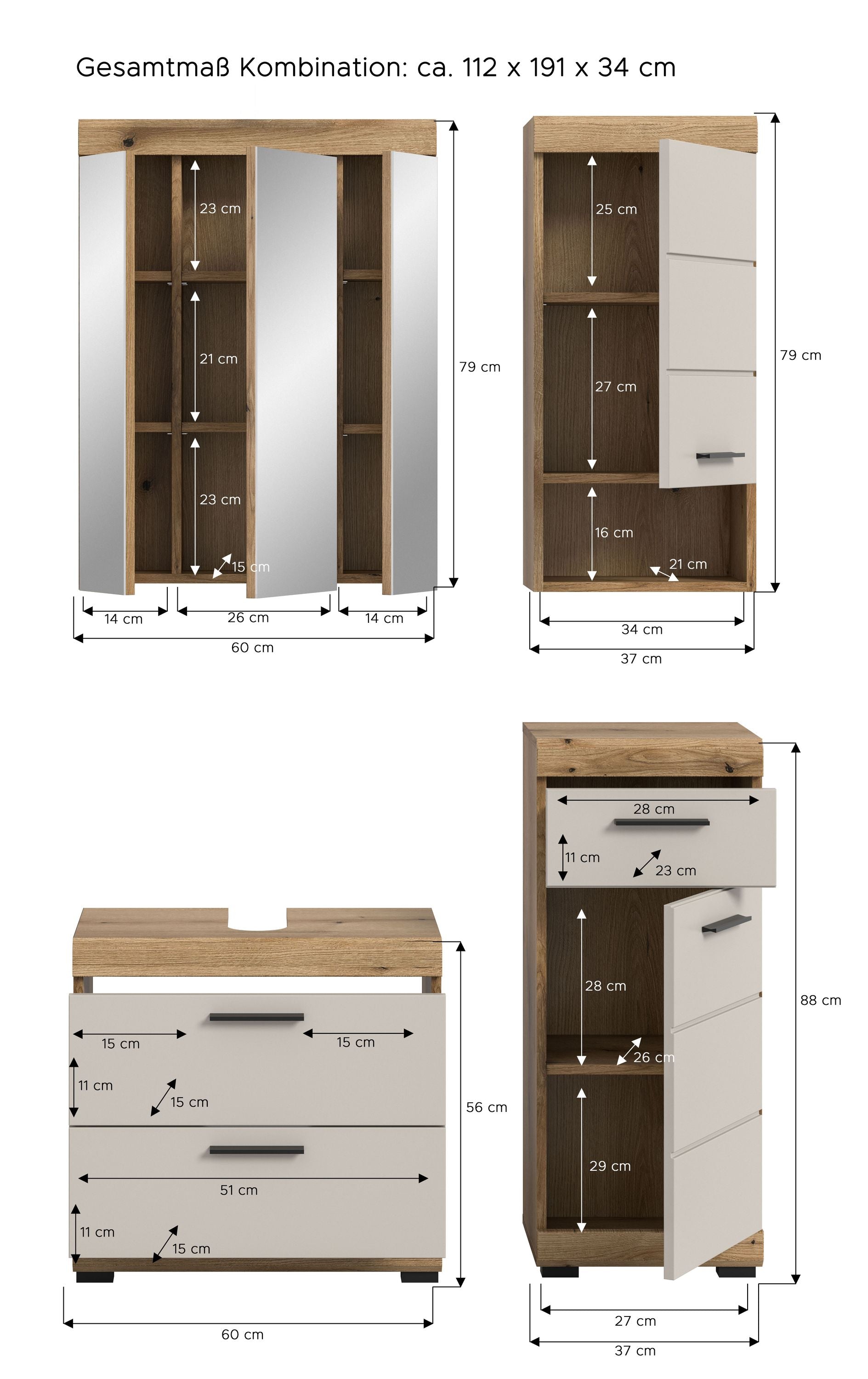 Badezimmerset mit Spiegelschrank, Waschtischunterschrank und Hochschrank; Maßeübersicht