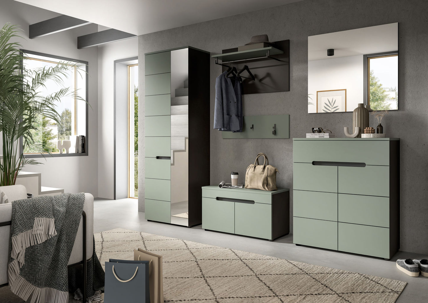 Ensemble de meuble d'entrée CANU (l/h/p : env. 175/190/37 cm) en gris basalte/vert fumée