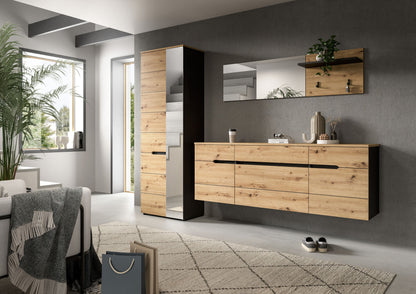 Homes & Jones Garderobenset mit Spiegelaufsatz und Hängekommode, Eiche-Look, schwarze Griffleisten