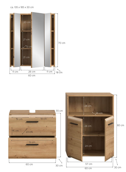 Badezimmer-Badmöbel-Set in hellem Holz mit Hochschrank, Waschtischunterschrank und Maßen