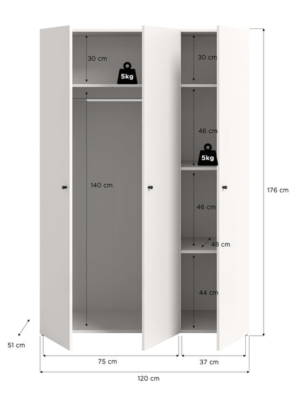 Kleiderschrank in Weiß, geöffnet: Fächer und Stauraum; Maße 120 cm breit