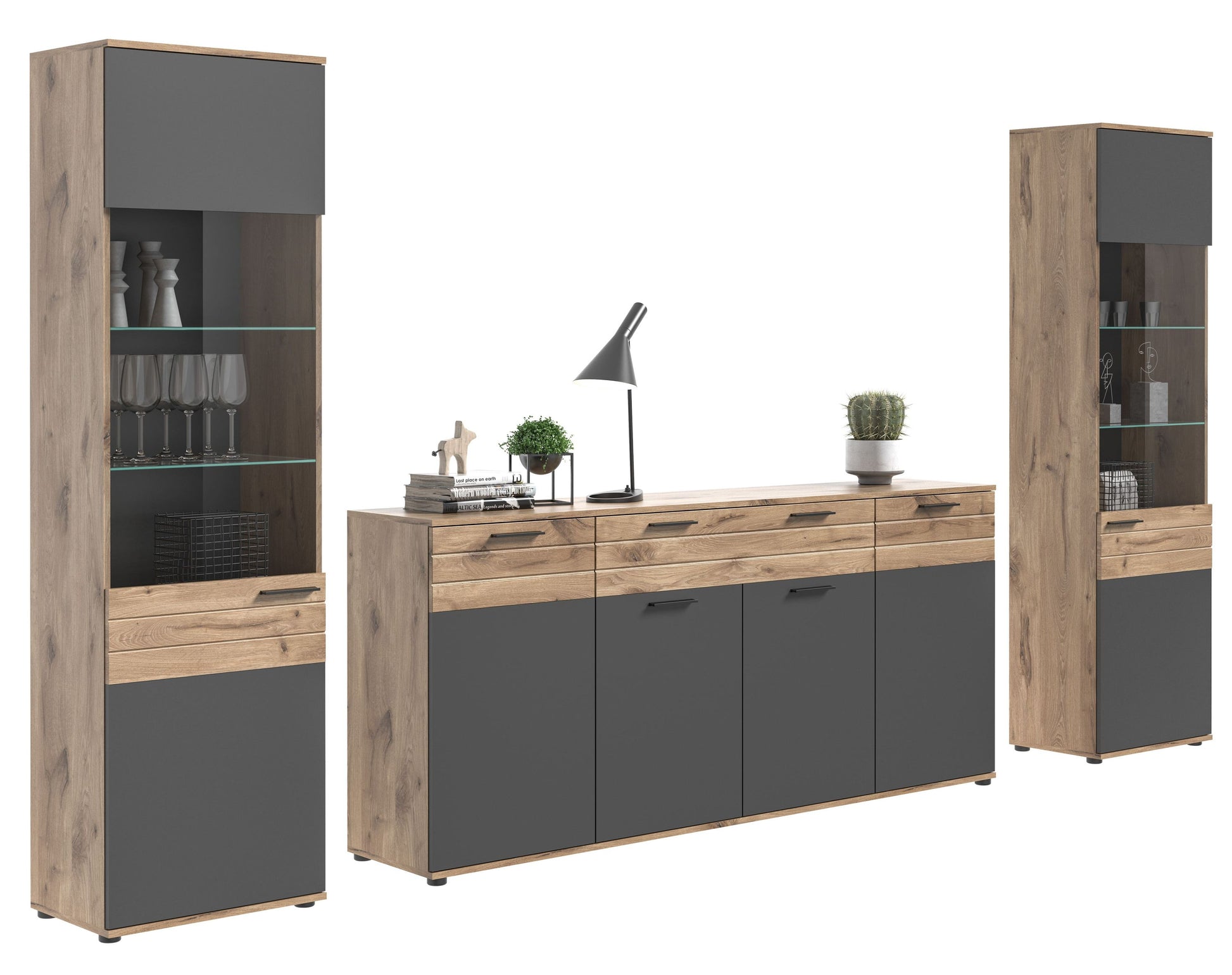 Wohnwand-Set mit hoher Vitrine und Anrichte, Holzoptik und grauen Fronten, Glasfächer