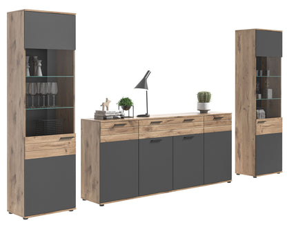 Wohnwand-Set mit hoher Vitrine und Anrichte, Holzoptik und grauen Fronten, Glasfächer