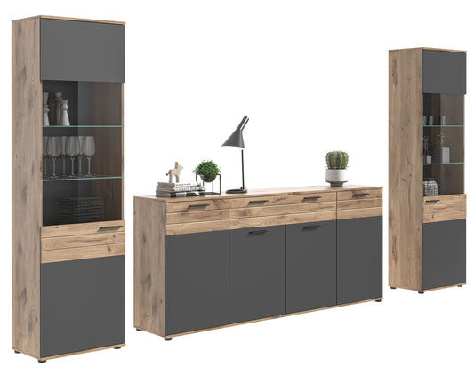 Wohnwand-Set mit hoher Vitrine und Anrichte, Holzoptik und grauen Fronten, Glasfächer