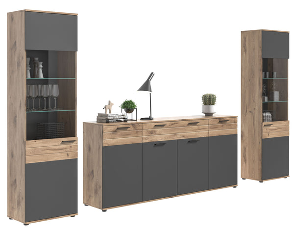 Wohnkombination MASON (B/H/T: ca. 344/200/40 cm) in Nox Oak Nachbildung/Basalt grau
