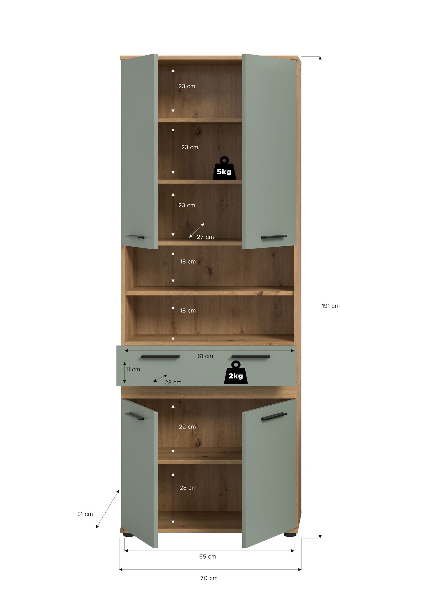 Blake Hochschrank (B/H/T: 70x191x31 cm) in Salbei und Artisan Eiche Nachbildung