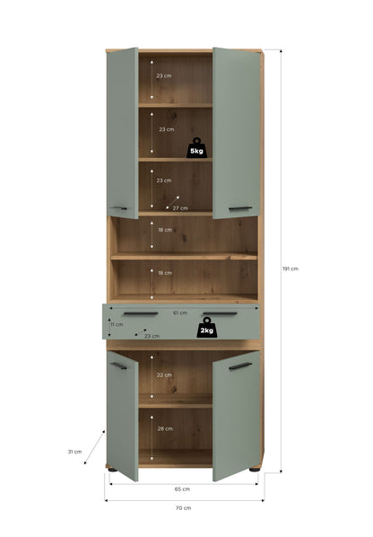 Blake Hochschrank (B/H/T: 70x191x31 cm) in Salbei und Artisan Eiche Nachbildung