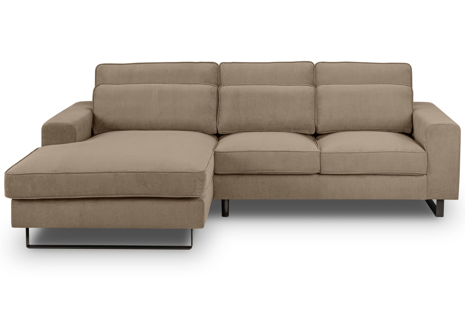 Beigefarbenes Cord-Ecksofa mit Recamiere, segmentierte Sitzflächen und breite Armlehnen