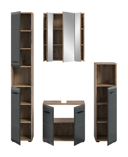 Badmöbel-Set 4-teilig mit dunklem Grau und hellem Holz, Spiegelschrank geöffnet