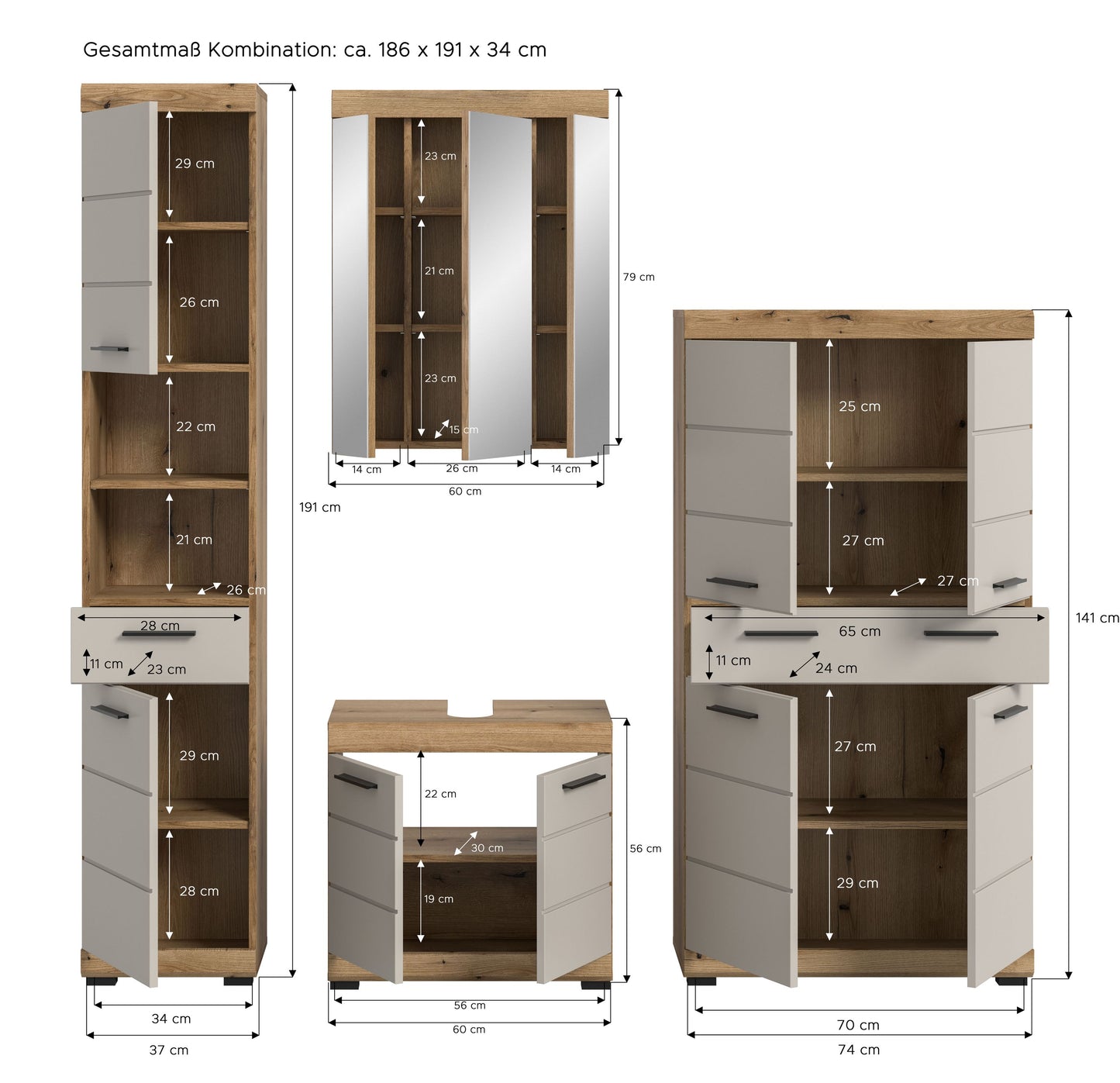 Homes & Jones Badezimmerset im Set: Hochschrank, Spiegel und Waschtischunterschrank mit Maßen