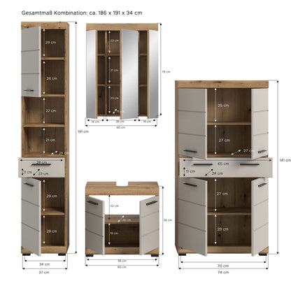 Homes & Jones Badezimmerset im Set: Hochschrank, Spiegel und Waschtischunterschrank mit Maßen