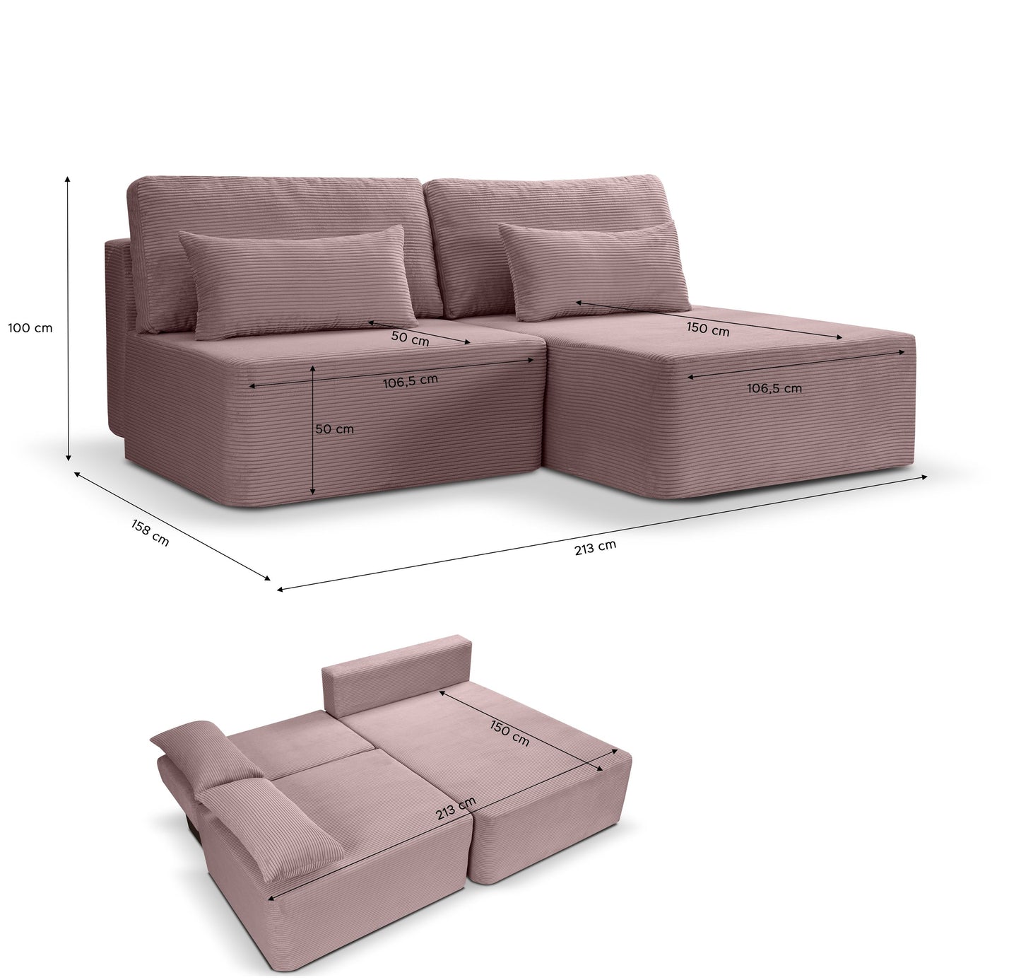 Schlafsofa mit Schlaffunktion in Altrosa, zwei Rückenkissen und Liegefläche zum Ausklappen