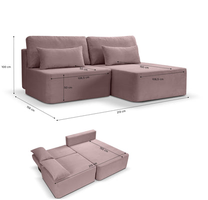 Schlafsofa mit Schlaffunktion in Altrosa, zwei Rückenkissen und Liegefläche zum Ausklappen