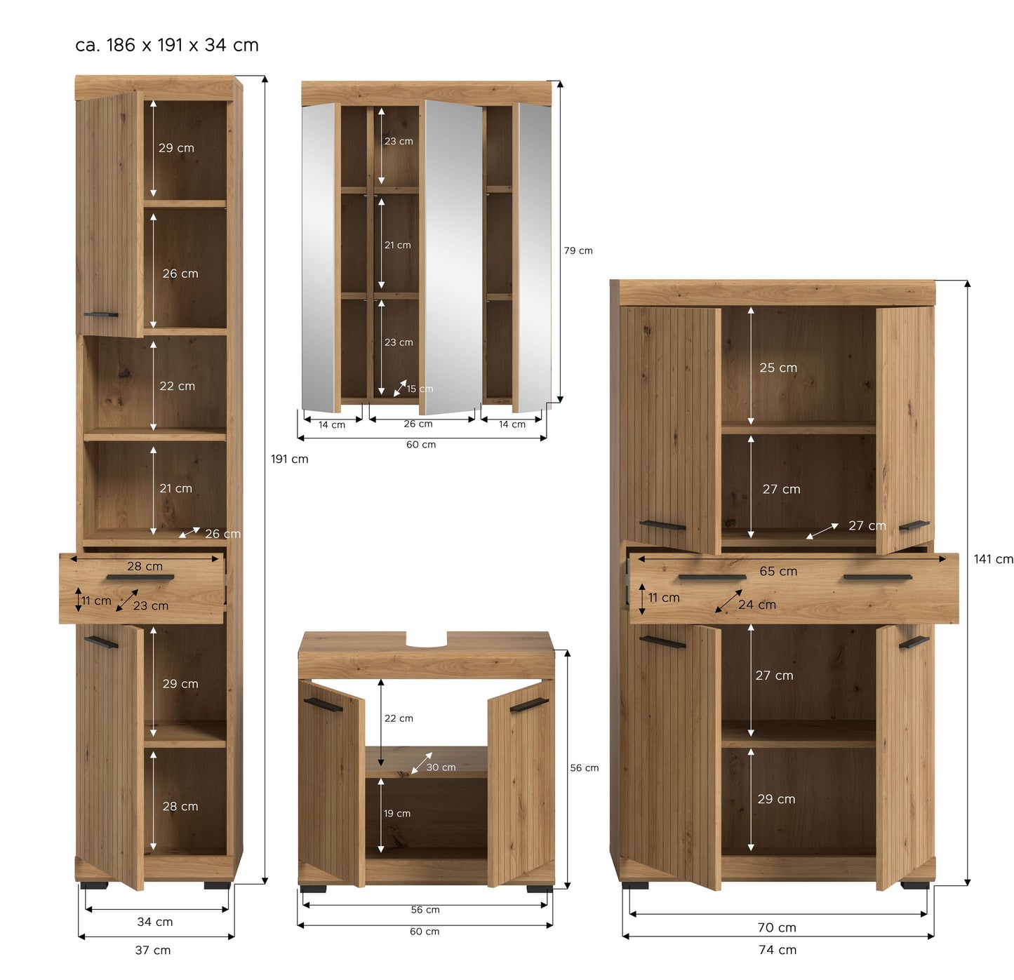 Badezimmerset mit Maßangaben: Hochschrank, Spiegelschrank und Waschtischunterschrank